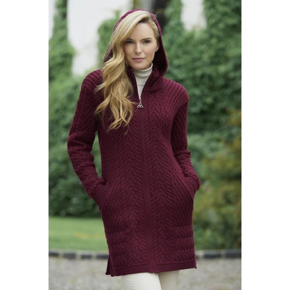 Aran Crafts Cable Knit Cardigan Sweater Zip Up 100% Merino Wool Burgundy XXL